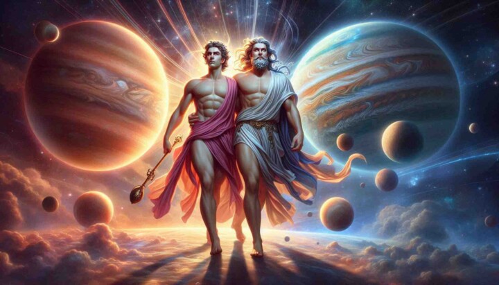 Mars And Jupiter Gods Striding Forward With Planets Either Side